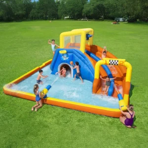 מתקן קפיצה מתנפח עם מים | 53377 | פארק מים מסלול מירוצים | Bestway|מגלשה+קיר טיפוס+שיכשוכית